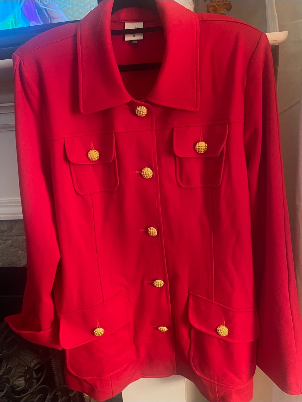 CAbi Bright Red Button-Front Blazer with Gold Buttons